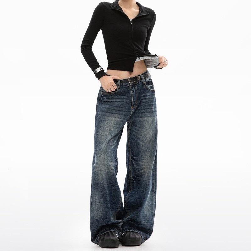 Unisex Retro Dark Blue Straight-Leg Jeans - Wide-Leg Casual Autumn Pants XXXL