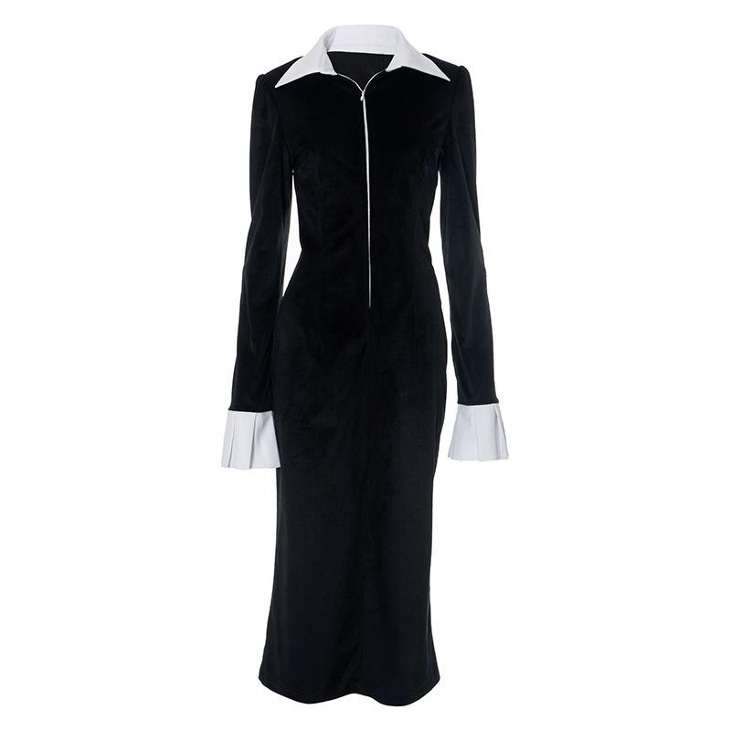 Women's Temperament Commuter Lapel Flared Long Sleeve Black and White Color Clash Long Dress