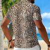 Women Short Sleeve Polo Shirt Khaki Black Brown Full Leopard Spot Print Half Zip Lapel Top