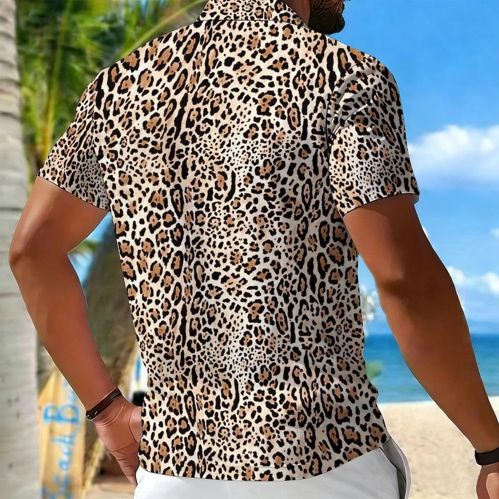 Women Short Sleeve Polo Shirt Khaki Black Brown Full Leopard Spot Print Half Zip Lapel Top