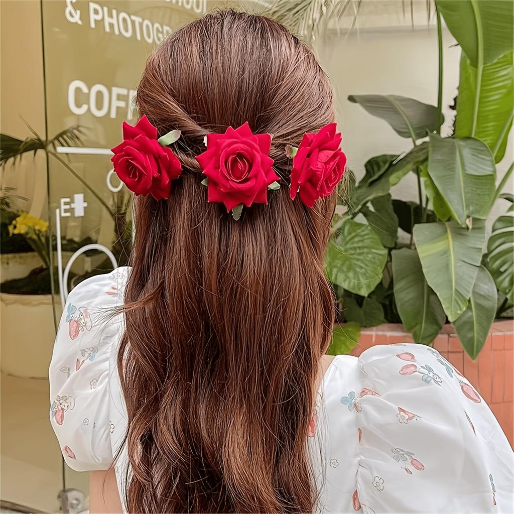 3Pcs Atmospheric Red Floral Hair Accessories, Rose Side Clips & Hair Pins