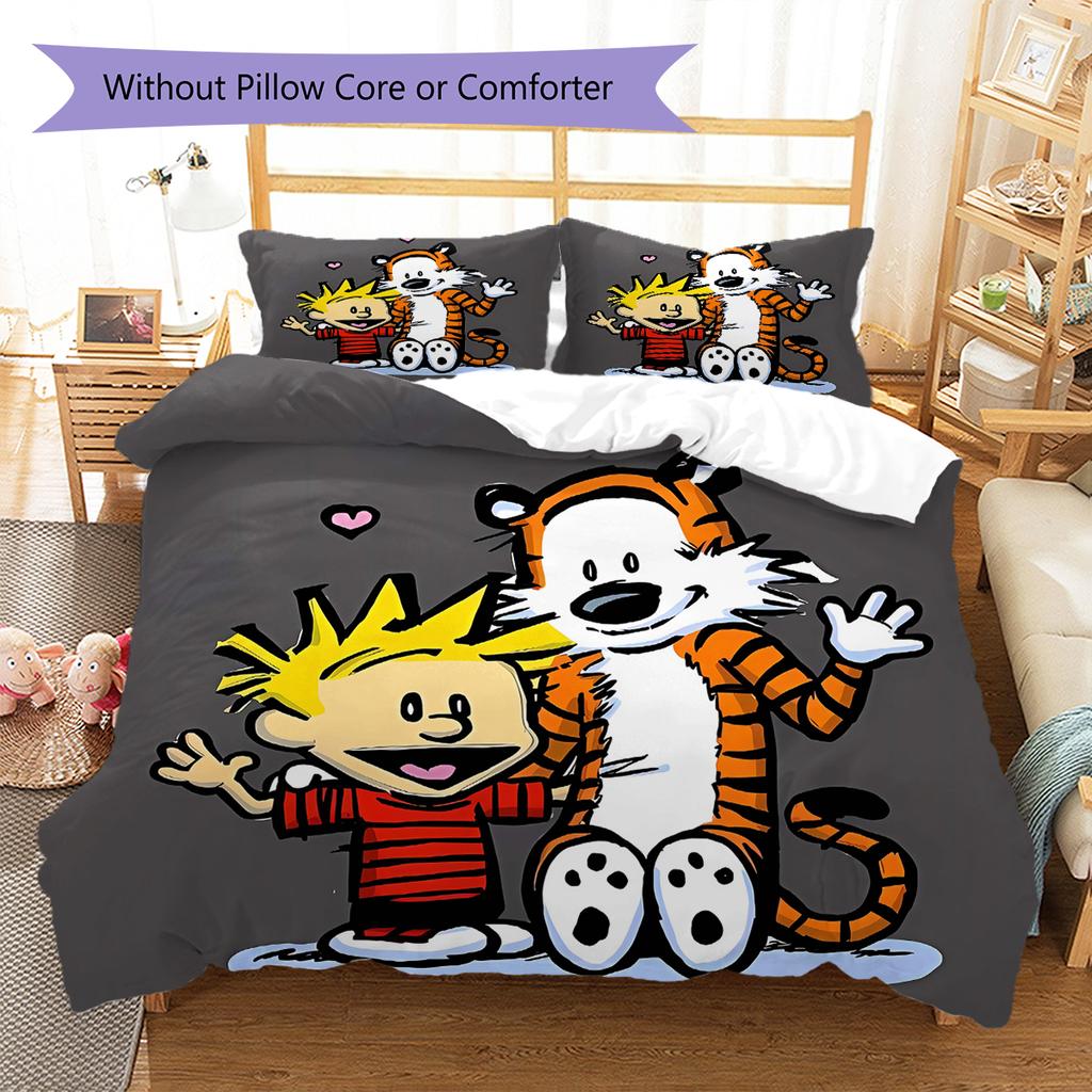 Calvin and Hobbes Pattern Bedding Quilt Set Quilt Cover Pillowcase Home Decoration Gift (1 * Duvet Cover + 2 * Pillowcase, Without Core)