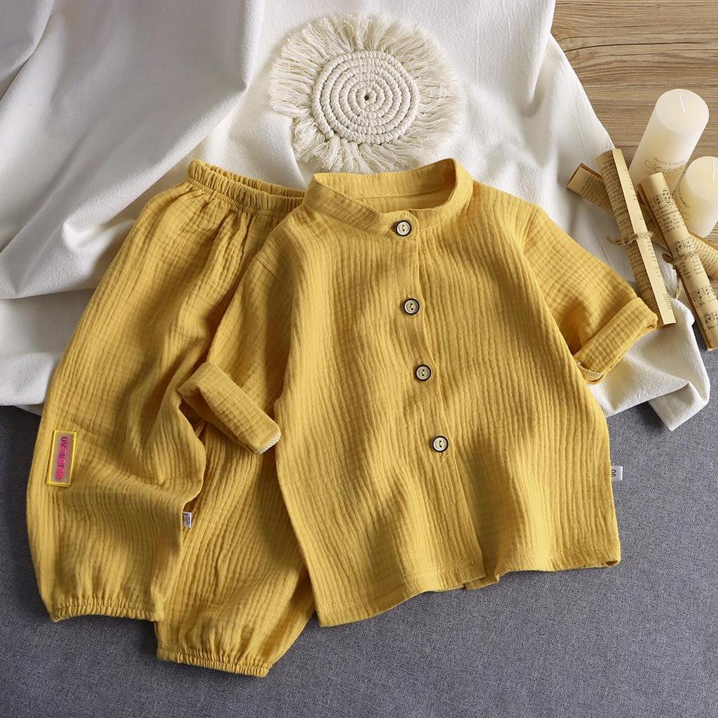 Kids' Stand Collar Cotton Gauze Summer Set - Lightweight Homewear for Boys & Girls