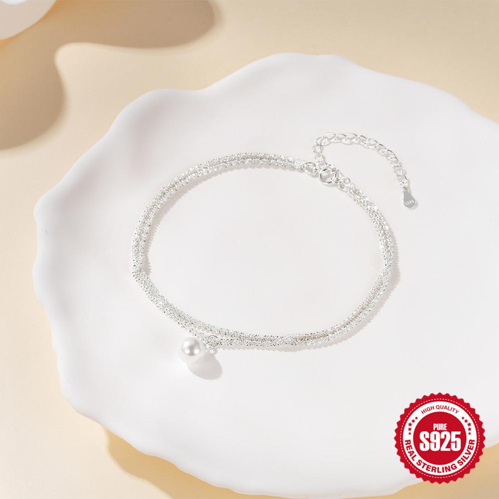 Fashion Summer S925 Sterling Silver Double Layer Adjustable Cauliflower Chain Pearl Pendant, Anklet