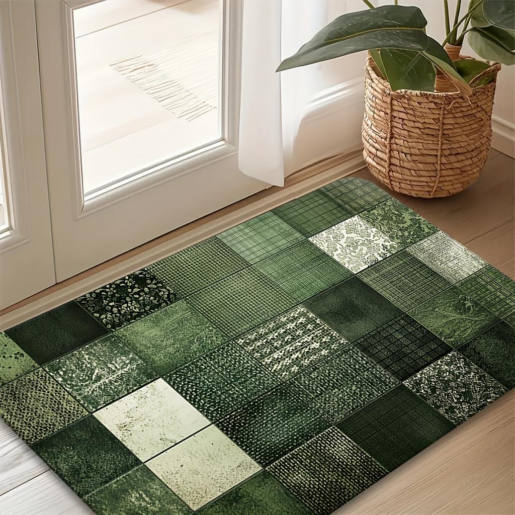 Vintage Green Plaid Floral Area Rug, Soft Non-Slip Machine Washable Floor Mat for Kitchen Laundry Room Hallway Home Decor