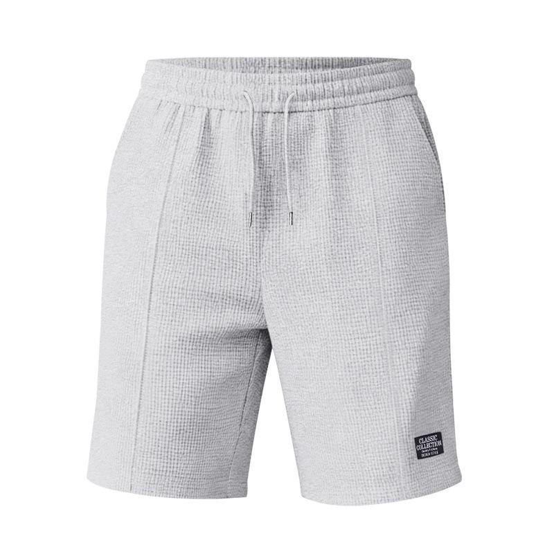 Men Casual Waffle Drawstring Elastic Waist Loose Beach Knee Length Shorts