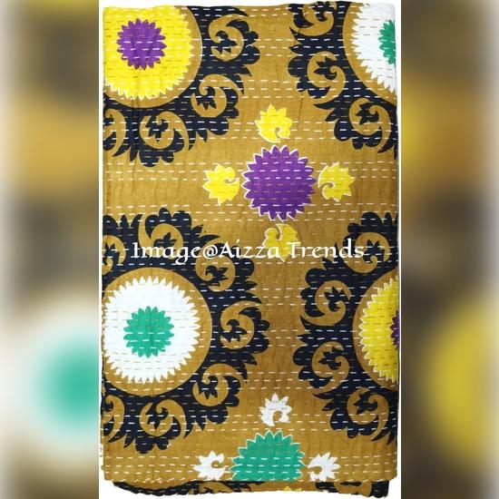 Aizza Trends Handmade Pure Cotton  Printed Kantha Quilt  - Traditional Look Bed Spread Kantha Gudri - Vintage Hand Stitch Gudri