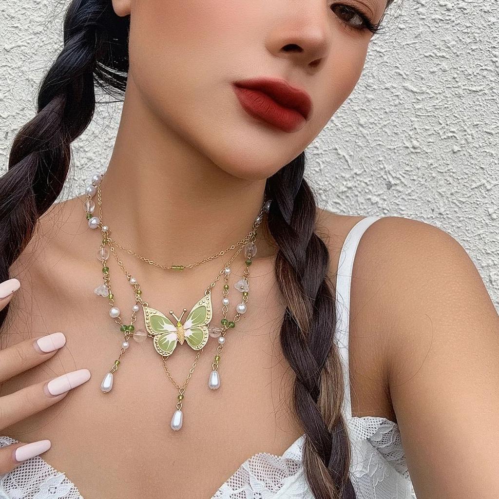 PuRui Sladký Roztomilý Zelený Kapající Olej Motýlí Přívěsek Náhrdelník Nádherný Sladký Imitace Perly Třásně Náhrdelník Dámský Šarm Šperk