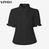 VONDA Women Turn-down Collar Short Sleeve Slim Waist Casual Short Blouse