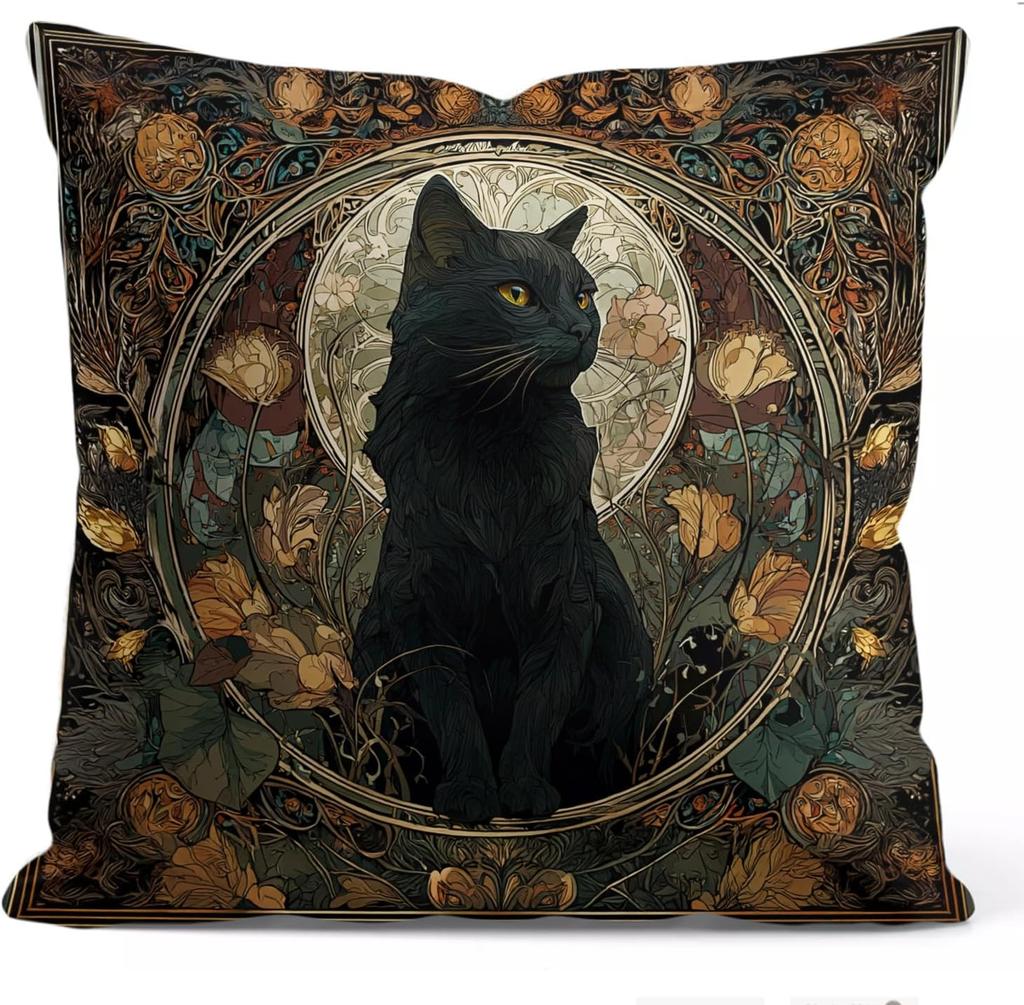 Bohemian Black Cat Floral Gothic Print Throw Pillow Cover Witchy Vintage Art Cushion Case for Sofa Bedroom Decor Home Accent