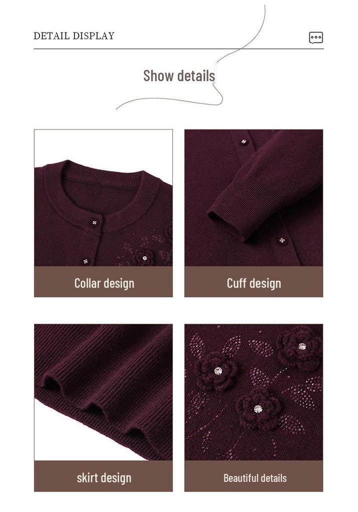 Elegant Spring Knit Cardigan for Moms: Women's Versatile Wool Sweater, Perfect for Middle-Aged & Elderly, Loose Fit for Autumn/Winter.