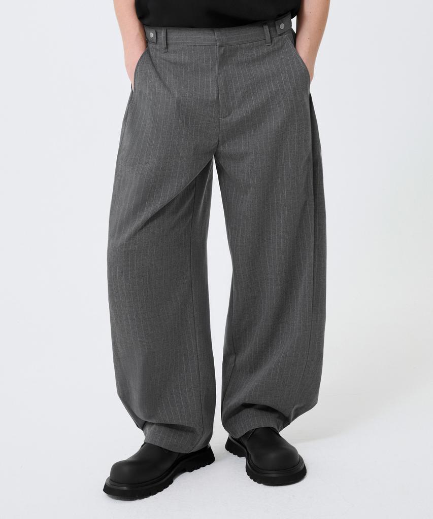 TRILLION Striped Side Pleat Snap Button Wide Slacks_Gray