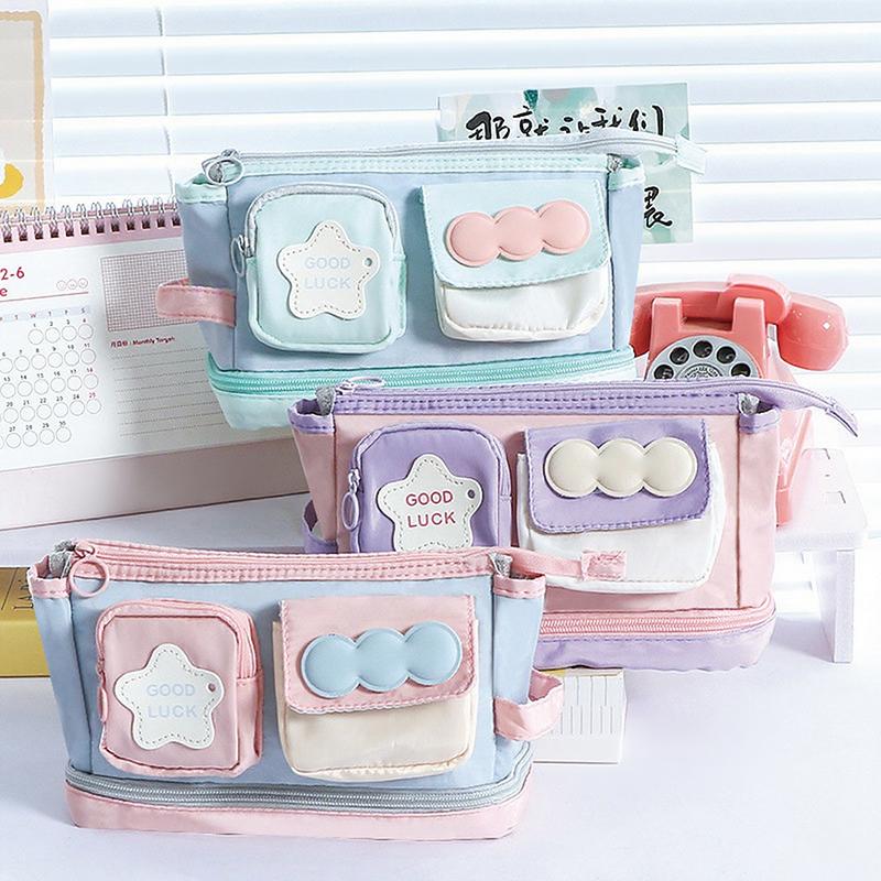 Large Capacity Pen Bag Kawaii Pencil Case Dopamine Color Block Stationery Ins Style Makeup Organizer Bag