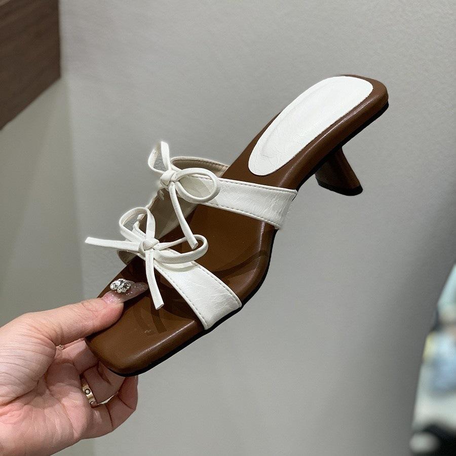 High-heeled slippers women's outer wear summer new French retro gentle bow with skirt sandals beautiful temperament sandals