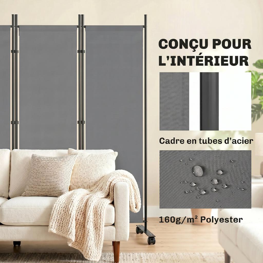 Folding Room Divider, 5-Panel, 12 Casters, 252 X 170 Cm, Steel and Polyester, Dark Grey