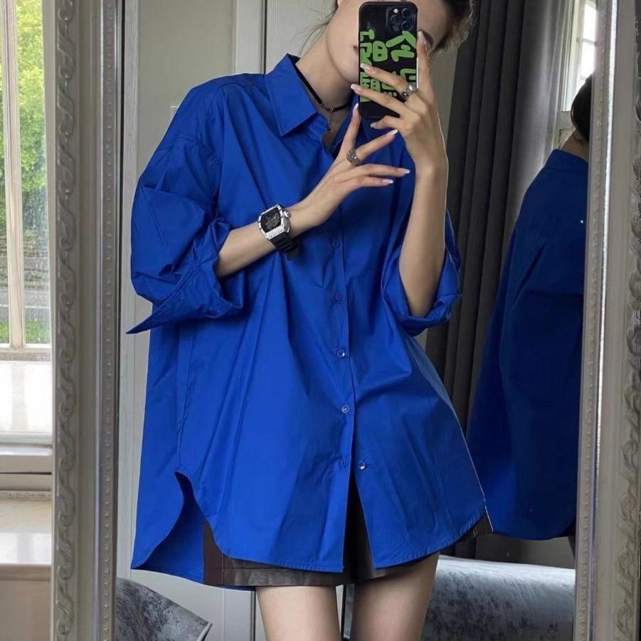 Lös sommarskjorta Koreansk stil Solskydd Enfärgad Casual blus för kvinnor Premium lagerplagg