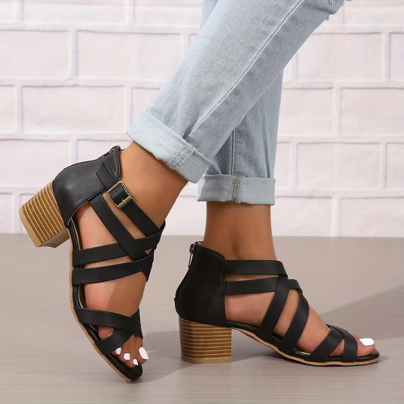 Cross-Tied Criss Cross Sandals Heels for Women Cutout Zip Up Open toe Block Heel Heels Sandals with Heels for Women
