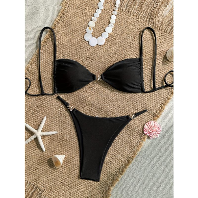Women's Wine Red Metal Accent Two-Piece Bikini Swimsuit