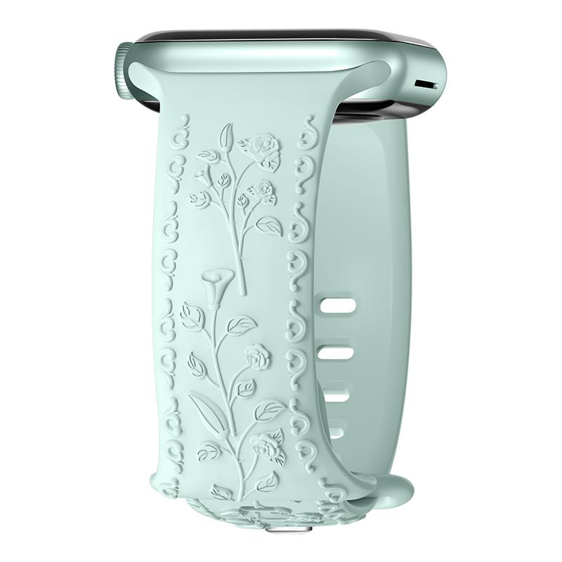 Engraved Strap For Apple Watch Band 42mm 44mm 45mm 41mm 40mm 49mm Silicone Floral Bracelet Correa Series 8 9 7 SE 4 5 6 Ultra 2