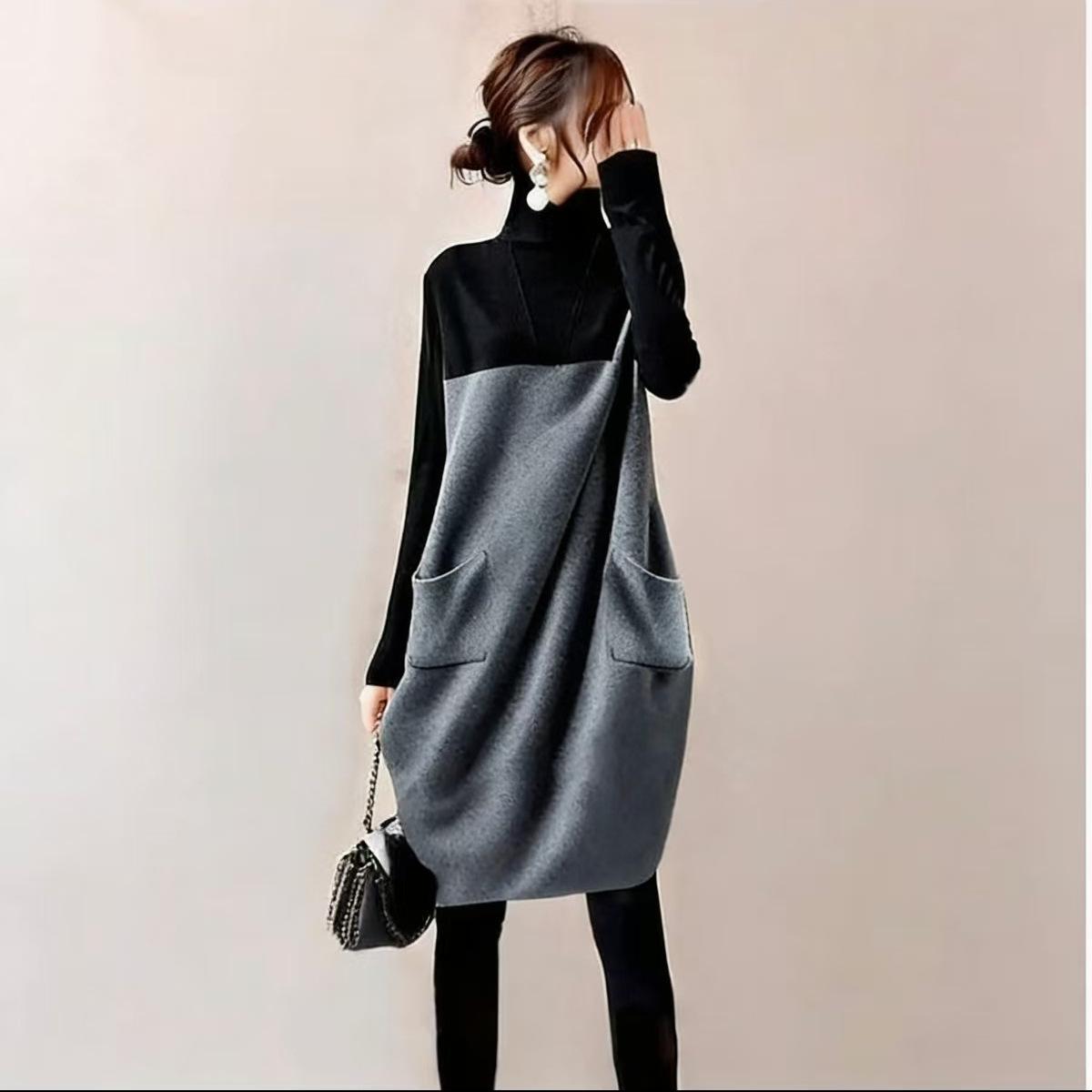 

Autumn 2025 Japanese High Neck Color Block Knit Dress with Pockets Small