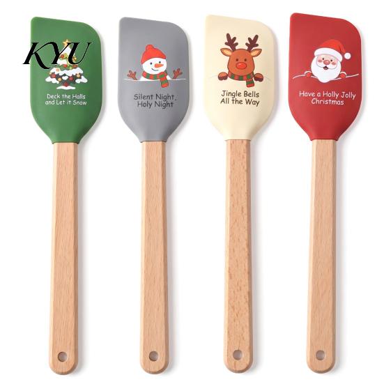 Cookie Dough Mixing Tool Silicone Spatula with Wooden Handle, Christmas Tree/Snowman/Santa Claus/Elk Pattern Themed Kitchenware Decor, Heat Resistant