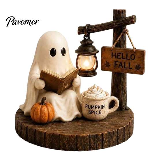 Healing Ghost Figurines Halloween Figurine, Vintage Cozy Reading Book/Walking Dog Statue with Lantern, Autumn Harvest Decorations Light Up Spooky
