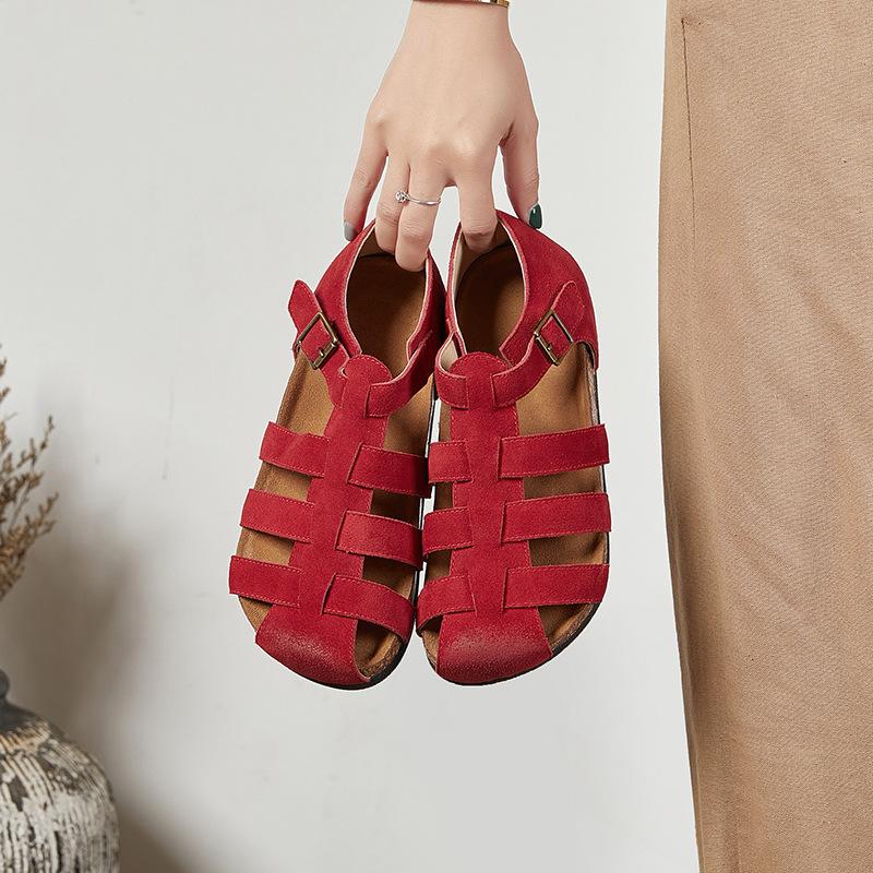 Genuine Leather Retro Toe Roman Sandals Women's Flat-bottomed Thick-soled Cowhide Woven Women's Shoes Devotion