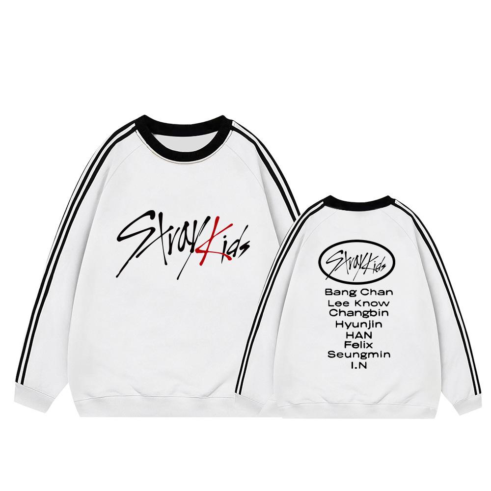 Stray Kids Fleece Lined Sweatshirt Striped Long Sleeve Crewneck Casual Pullover Kpop Fan Merchandise Winter Warm Oversized Grey Stylish Top