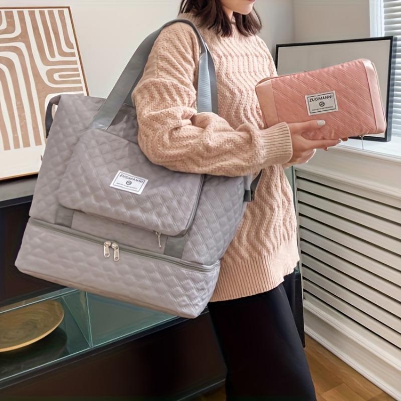 Foldable Travel Bag with Wet/Dry Separation, Quilted Design, Large Capacity, Multiple Compartments, Zipper Closure