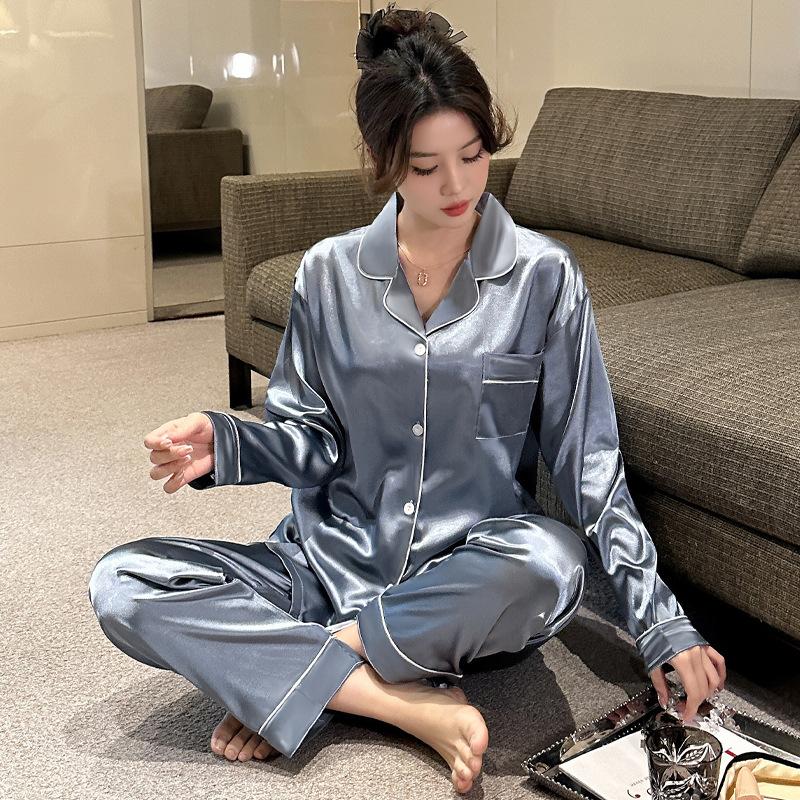 Neuer Damen zweiteiliger Pyjama Lässige Simulationsseide Loungewear Frühling und Herbst Sommer Loungewear Eis-Seide Cardigan Set Pyjama