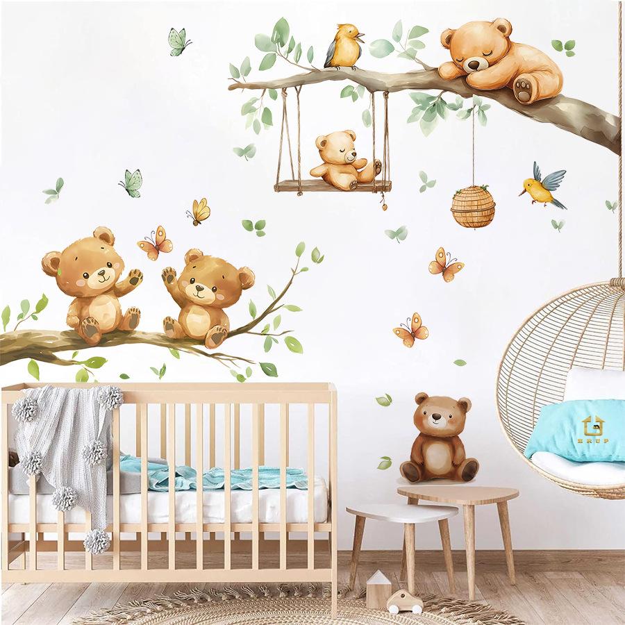 Cute Cartoon Bear Wall Sticker Self-Adhesive Branch Tree Decal for Kids Bedroom Living Room Home Decor