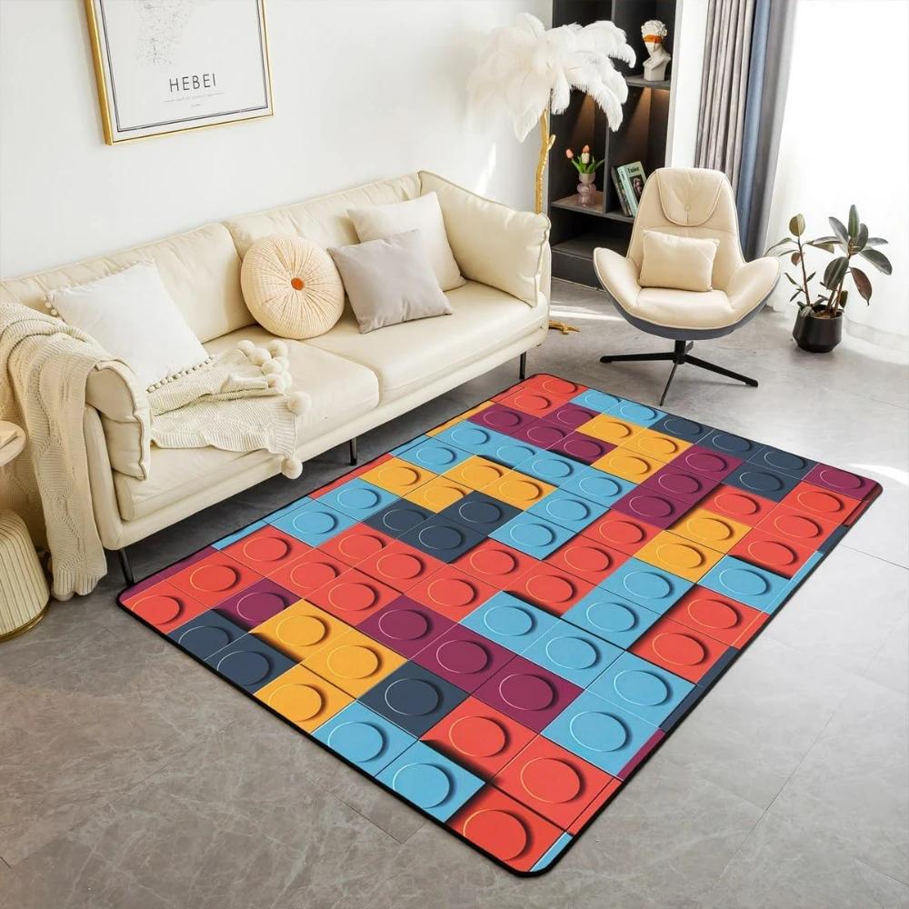 Rainbow Building Blocks Inspired Carpets for Living Room Decor Construction Carpet for Boys Girls Bedroom Washable Entrance Rug