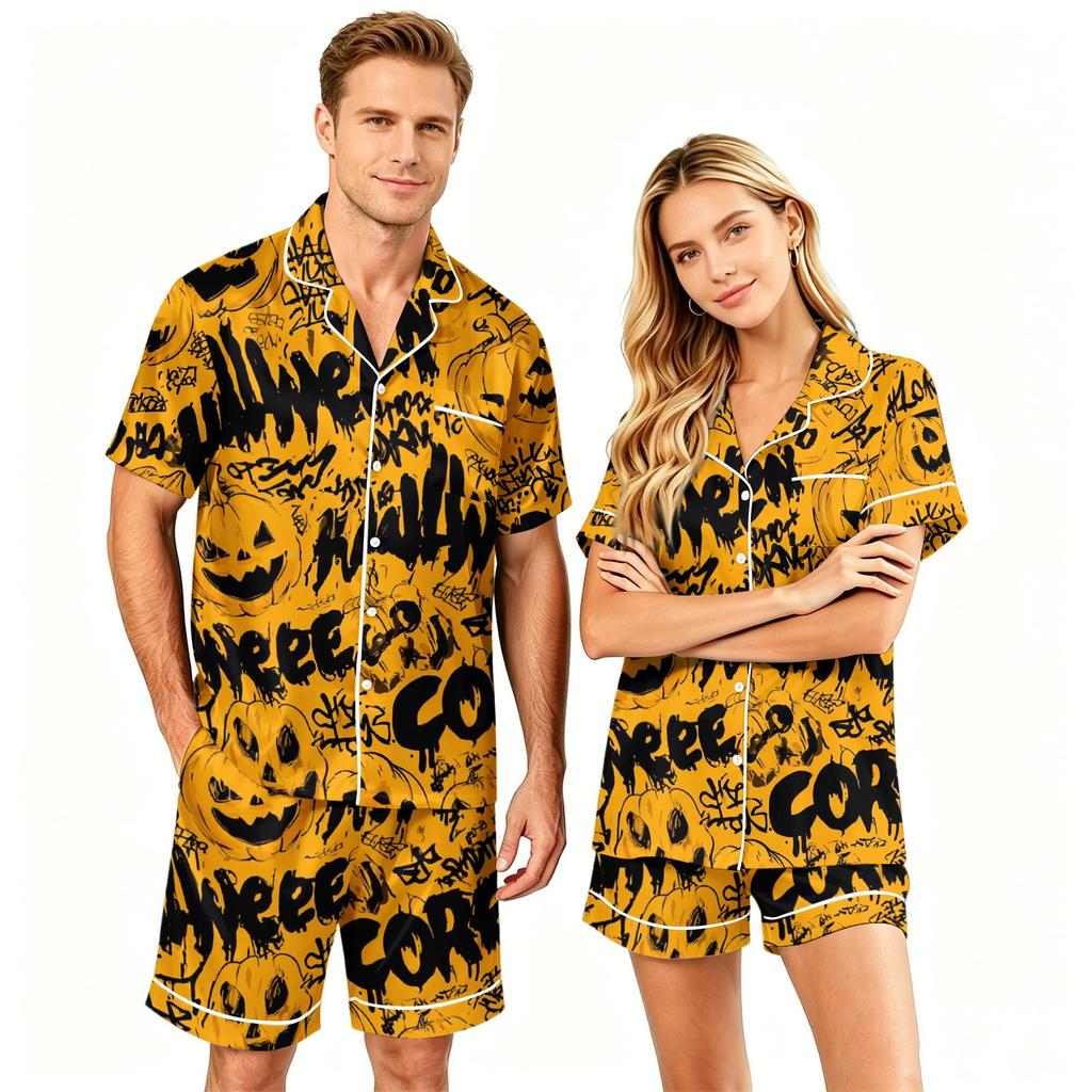 Couple Matching Halloween Pajama Set Short Sleeve Button Down Shirt with Hem and Shorts Soft Casual Sleepwear S-XXXXL