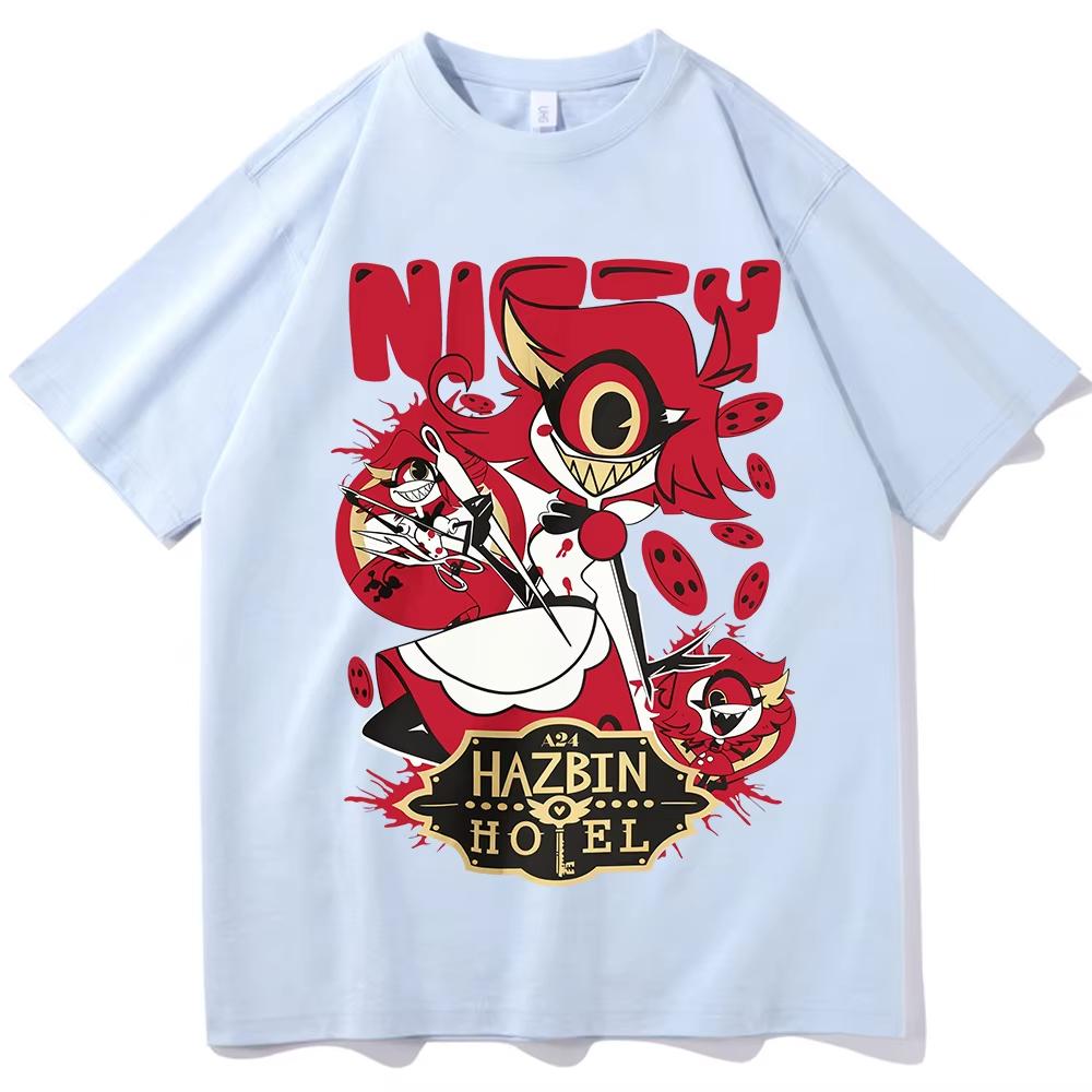 Hazbin Hotel Unisexs 100% Baumwolle Shirt Y2k Niffty Design Grafik Rundhals-Shirts Sommer Mode Streetwear Hochwertiges T-Shirt