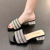 Rhinestone Ladies High Heels Sandals Summer  Style Square Head Slip On Summer Slippers  Elegant Crystal High Heels