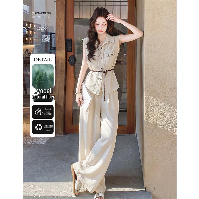 French Chic Sleeveless Shirt & Pant Set M