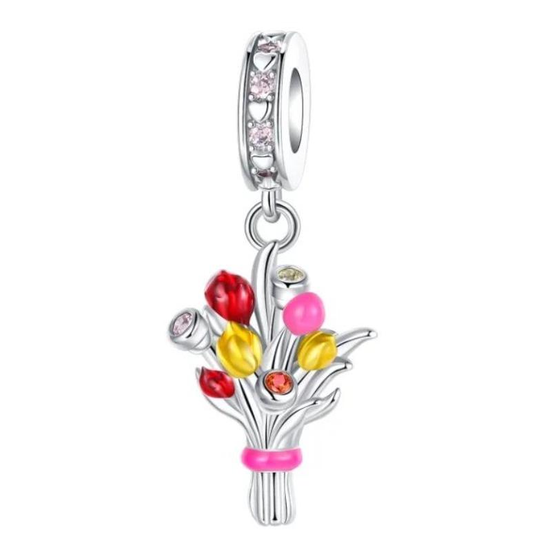 Copper Colorful Flower Charm Roses Tulip Daisies Bead Pendant Fit Original Necklace Bracelet Women Jewelry Diy Gift