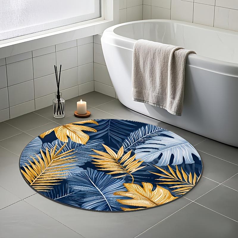 Crystal velvet carpetTropical Plant Pattern Round Mat - Soft Flannel Non-Slip Machine Washable Mat with Navy Blue & Golden Palm