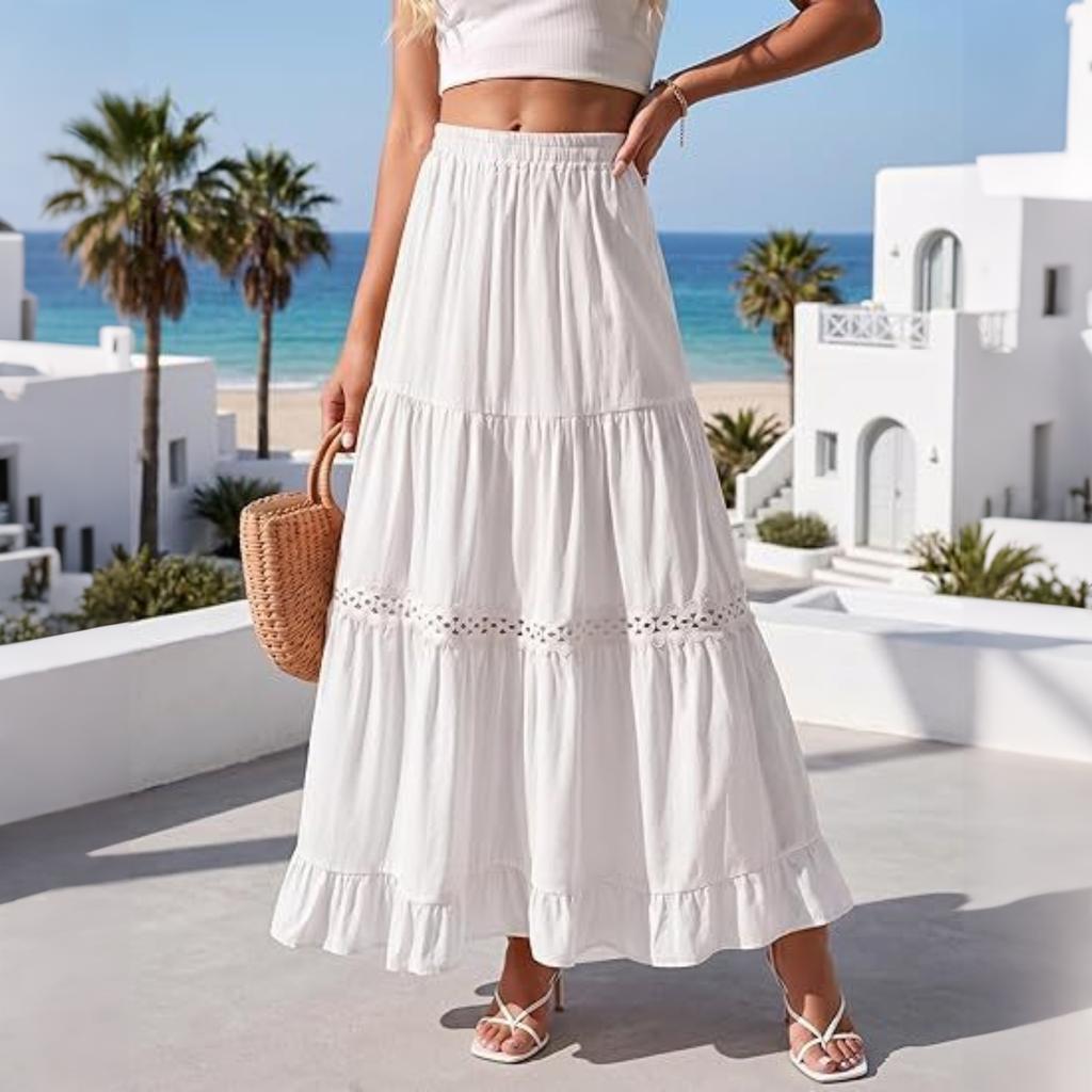 Women's Long Cotton Skirt Elastic Waist Lace Trim Tiered A-Line Maxi Skirt Lightweight Pleated Half Length Skirt Casual Summer Skirt