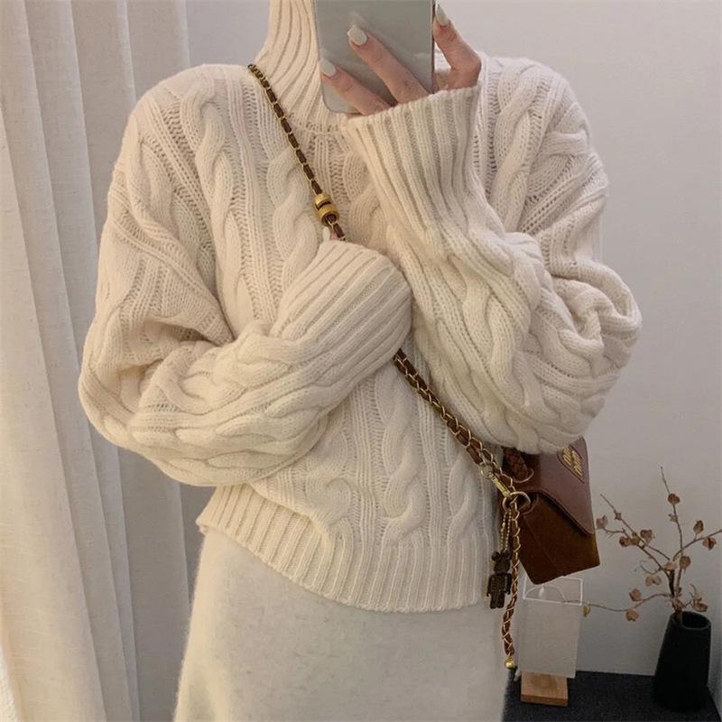 Women's High-Neck Wool Sweater - 100% Pure Wool, Cable Knit, Thick, Fashionable, Elegant Cashmere Base Layer Knitwear