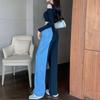 WTEMPO Split Jeans 2 Colors Mix Women's High Loose Casual Washed Denim Straight Long Wide Leg Pants