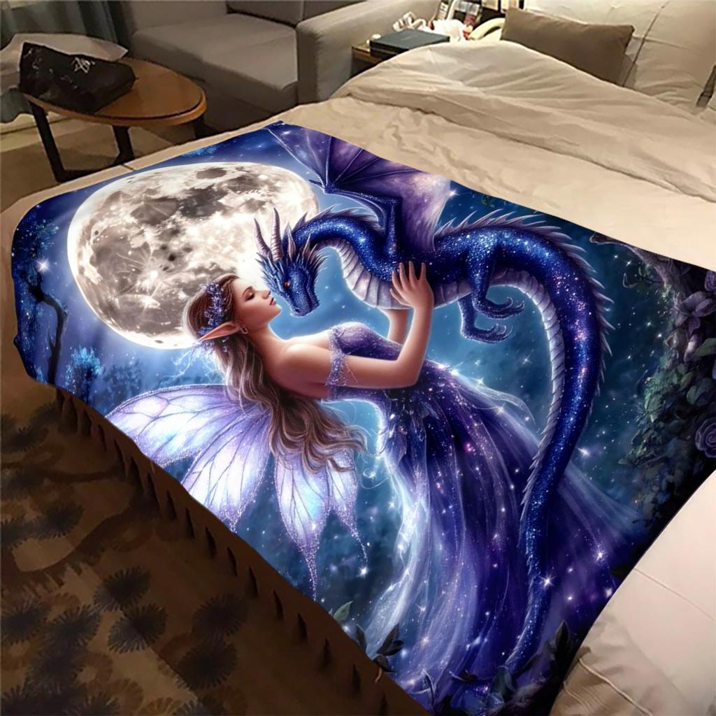 Fairy Dragon Moonlit Night Throw Soft Comfortable All Seasons Blanket Perfect Gift Couch Office Nap Outdoor Travel Blanket