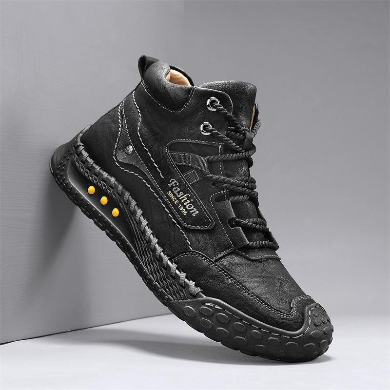 Large Size High-top Casual Leather Shoes Men's Non-slip Mountaineering Shoes Sewn Handmade Shoes Outdoor Casual Shoes