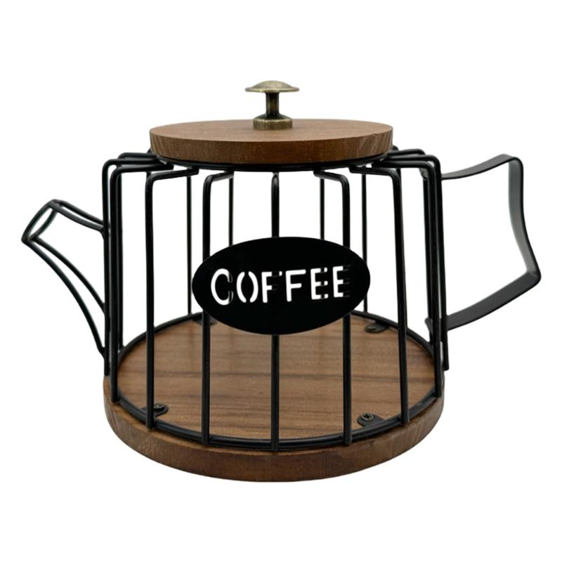 Coffee Capsules Organizer with Lid Large Capacity Espresso Pods Storage Basket Wooden Base Kitchen Countertop Cup