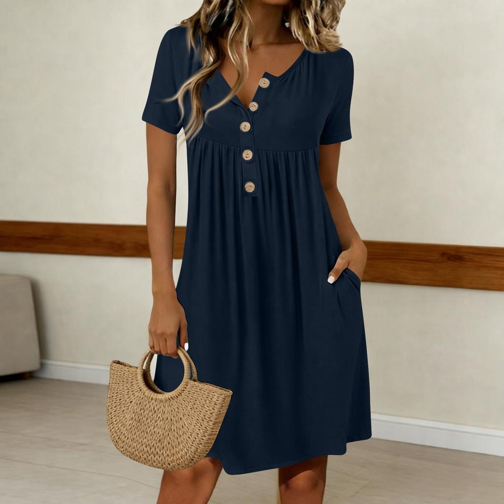Women's Fashionable Color Round Neck Short Sleeved Button Neck Mid Length Casual Dress