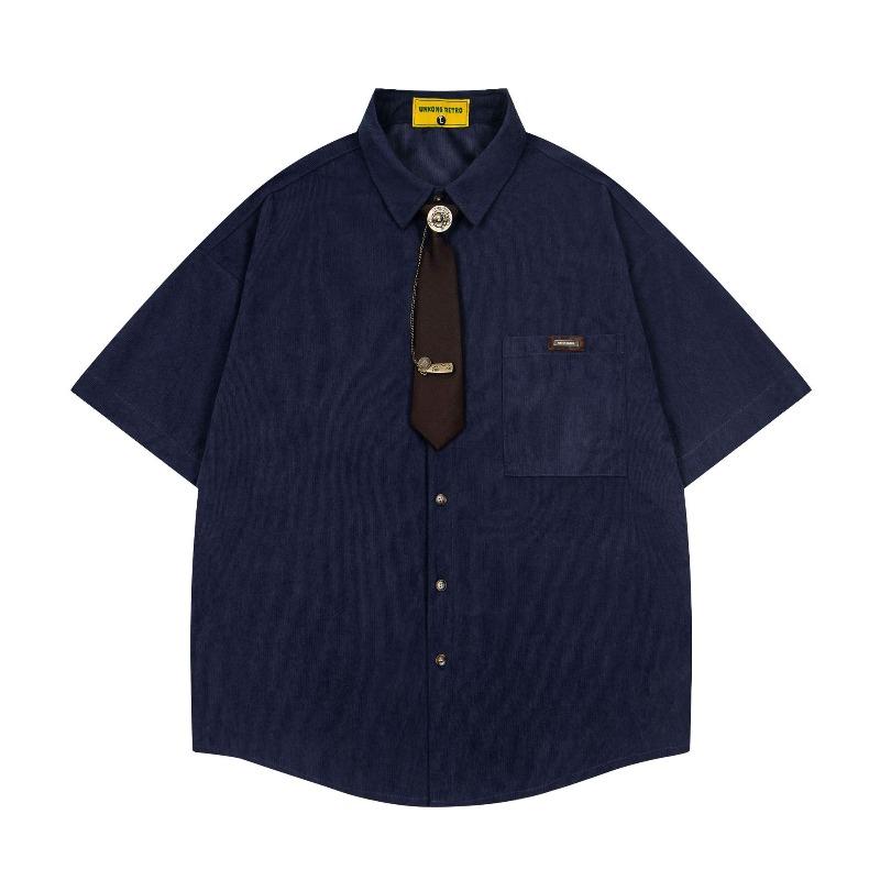 Japanese Retro Summer Corduroy Textured Fake Tie Shirt Men's and Women's Short-sleeved Niche Design College Style Shirt