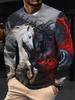 Men's long-sleeved polyester T-shirt with a unique black and white double horse moonlight pattern design.