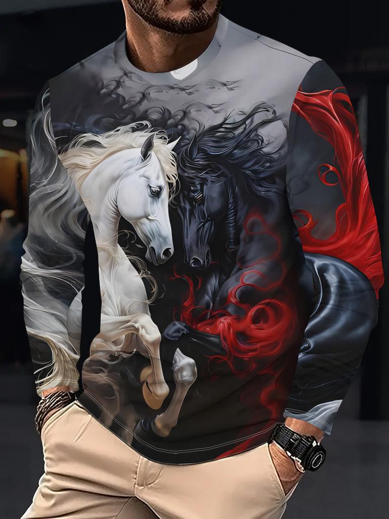 Men's long-sleeved polyester T-shirt with a unique black and white double horse moonlight pattern design.