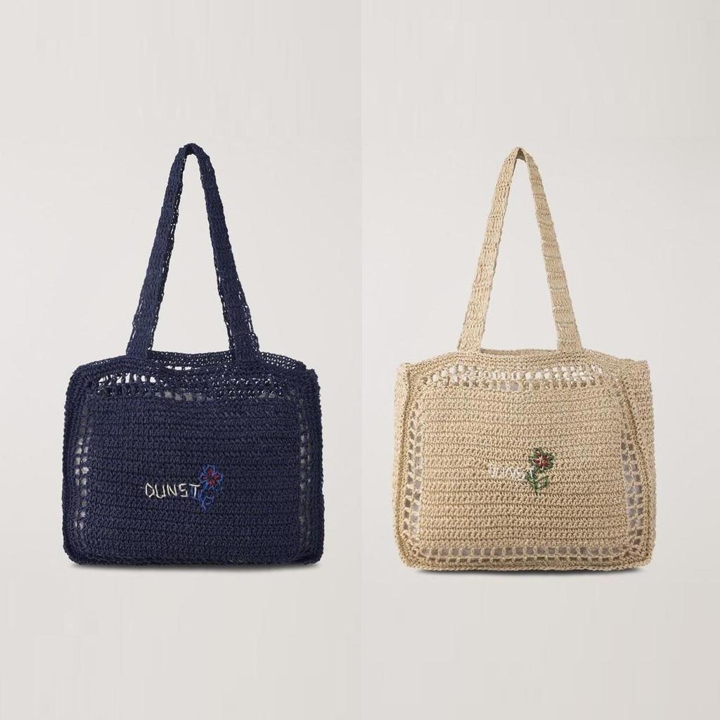 Dunst Hand Drawing Bloom Bag — Handmade Paper Yarn Shopper with Floral Embroidery | Korean Designer Brand | 2 Colours: Navy / Natural Cream