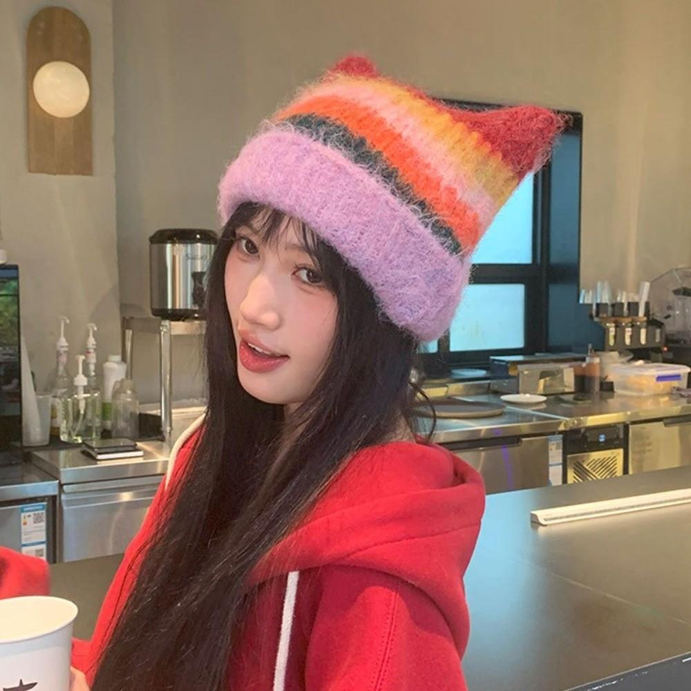 Rainbow Cat Ears Pullover Hat Gradient Women Beanie Hat Retro Woolen Knitted Hat Girls